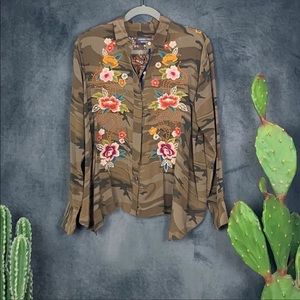 Johnny Was Camo Floral Embroidered Top